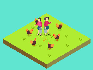 Kids feeding chicken isometric 3d vector concept for banner, website, illustration, landing page, flyer, etc.