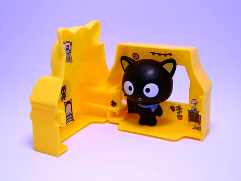 Chococat in his house. Hello Kitty and her friends. Black cat. Famous characters. Adorable kitten. Character from Japan.