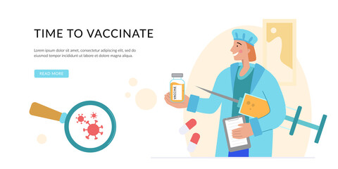 Time to vaccinate. Prevention injection, immunization. Coronavirus infection treatment. Landing page template. Modern flat concept for web design. Doctor with a large syringe and vaccine.