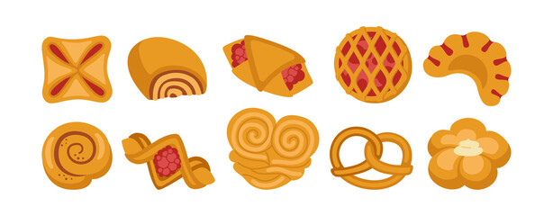 Sweet buns cartoon icon set. Design menu bakery symbol, jam puff, bun. Bakery goods and wicker pretzel, bagel, croissant pastry, roll. Stylish icon modern vector illustration