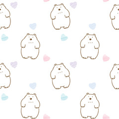 Seamless Pattern with Cartoon White Bear and Pastel Heart Illustration Design on White Background