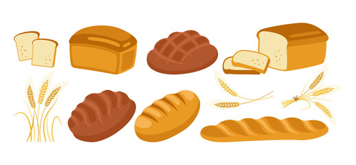 Bread cartoon icon set. Bakery goods bread loaf and ears wheat, and french baguette, pretzel, croissant, french baguette ciabatta. Design menu bakery pastry symbol. Icon modern vector illustration