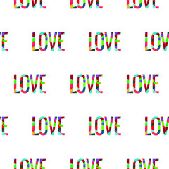 LOVE lettering seamless pattern. Geometric text, mosaic patchwork puzzle colorful rainbow inscription on white background. Bright creative kids font design. Inspirational quote. Vector illustration
