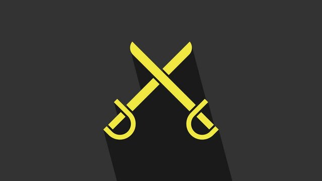 Yellow Crossed pirate swords icon isolated on grey background. Sabre sign. 4K Video motion graphic animation