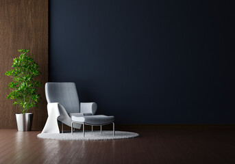 Gray armchair in black living room interior with free space for mockup, 3D rendering