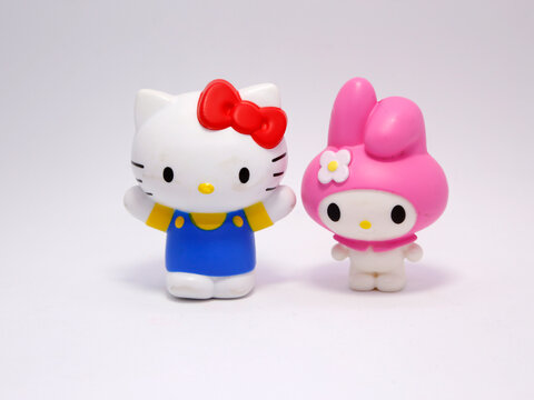 Hello Kitty and My Melody. Hello Kitty and her friends. Famous characters. Adorable kitten. Character from Japan. Produced by the Japanese company Sanrio. Isolated.