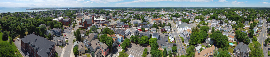 Fototapeta na wymiar Aerial view panorama of Historic buildings on Cabot Street in historic city center of Beverly, Massachusetts MA, USA. 