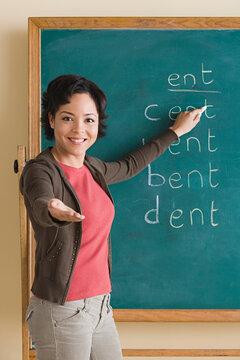 Teacher showing words on blackboard