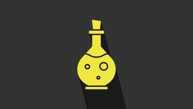 Yellow Glass bottle with magic elixir icon isolated on grey background. Computer game asset. 4K Video motion graphic animation
