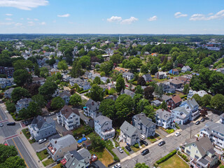 Aerial view of historic residence building in historic city of Beverly, Massachusetts MA, USA. 