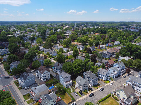 Aerial View Of Historic Residence Building In Historic City Of Beverly, Massachusetts MA, USA. 