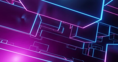  Video Game chase concept motion graphic. Virtual Reality race flyby inside a retro neon cyber city. flash back of 80s computer games. Abstract Neon futuristic VJ tech background. 3D render, 4K loop. - Powered by Adobe