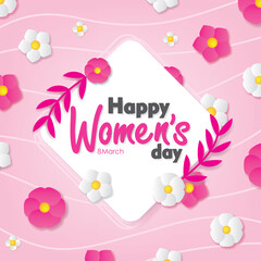 Happy Women's Day Greeting with Pink Background and floral Card Vector Illustration