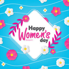 Happy Women's Day Greeting with Blue Background and floral Card Vector Illustration