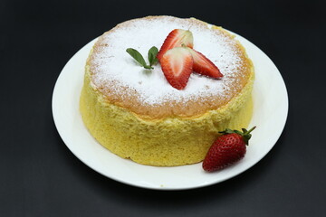 Homemade Fluffy Japanese Cheesecake, strawberries