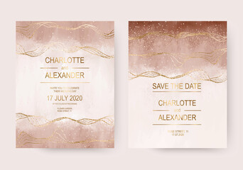 Sepia acrylic wedding invitation cards with brush stroke and gold waves.