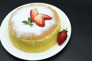 Homemade Fluffy Japanese Cheesecake, strawberries