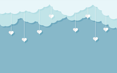 Blue clouds with hanging white hearts paper cut style. Background for Valentine day with place for text. Cloudy sky, heaven scene layered effect. Love romantic border for banner. Vector illustration