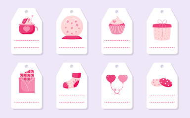 Set of cute love romantic gift tags with pink hearts, cupcake balloon and chocolate. Valentines Day cards and labels with place for text. Background templates for greeting stickers Vector illustration