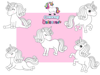 Coloring the Cute Unicorns Cartoon Set. Educational Game for Kids. Vector illustration With Cartoon Happy Animal