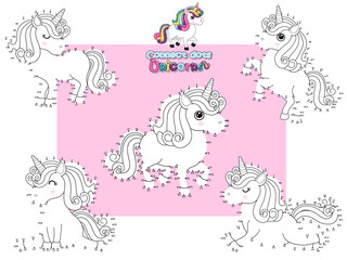 Connect The Dots and Draw Cute Unicorns Cartoon Set. Educational Game for Kids. Vector Illustration Happy Animal