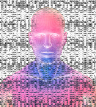 Digitally generated male figure against binary code background