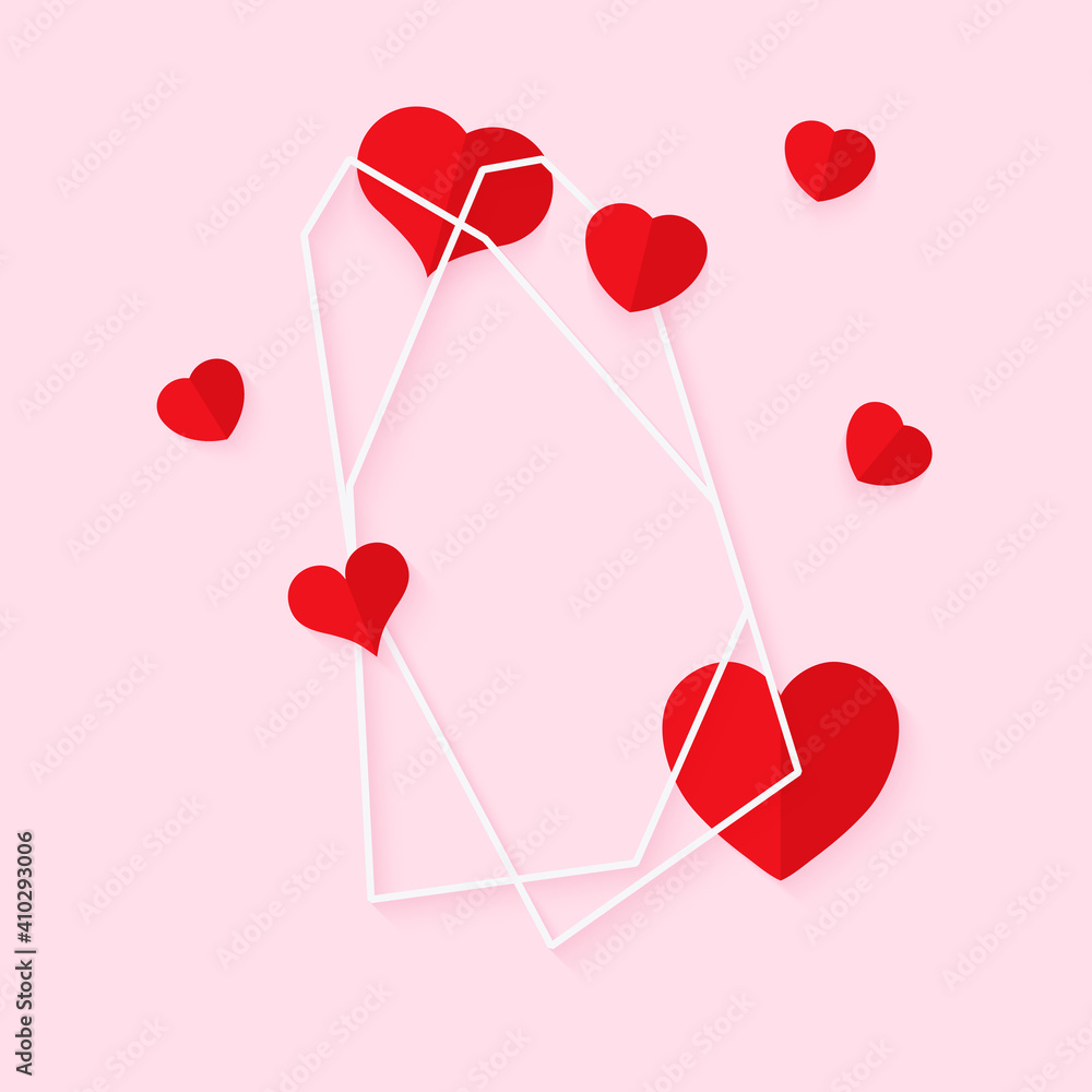 Poster abstract polygonal geometric white frame with red hearts. template empty text banner for valentines 