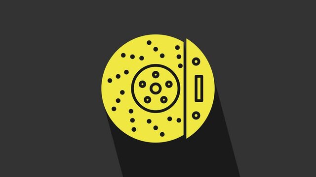 Yellow Car brake disk with caliper icon isolated on grey background. 4K Video motion graphic animation