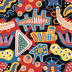 vector four color freeform shape and lines overlapped seamless pattern on black