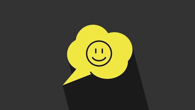 Yellow Speech bubble with smile face icon isolated on grey background. Smiling emoticon. Happy smiley chat symbol. 4K Video motion graphic animation
