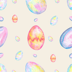 Watercolor Easter seamless pattern with colorful eggs on a delicate beige background. Children's textiles. Fabric for children