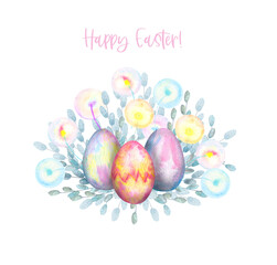 Easter card. Watercolor rainbow eggs in the colors of the dandelions. Spring. Hand drawing illustration