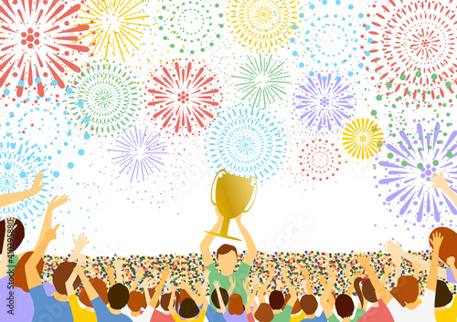トロフィーを掲げる男性と歓喜する観衆 花火背景 Wall Mural-kid_a