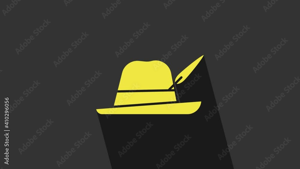 Poster yellow oktoberfest hat icon isolated on grey background. hunter hat with feather. german hat. 4k vid