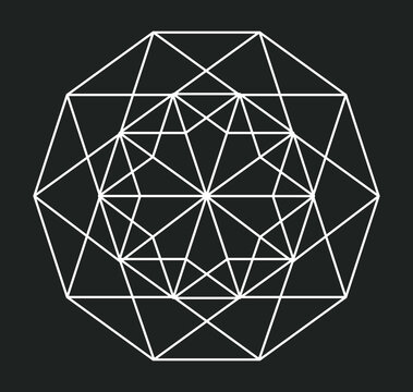 Single decagon shape in white outline with lines forming a star and geometric shapes at center. Vector illustration on a dark grey background.