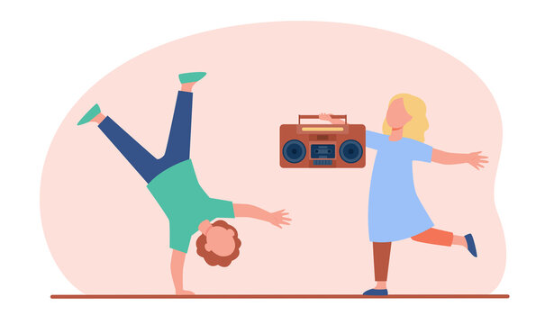 Two Excited Kids Going Crazy To Music. Children With Tape Recorder Dancing And Having Fun. Flat Vector Illustration. Childhood, Entertainment Concept For Banner, Website Design Or Landing Web Page