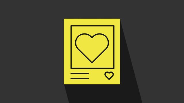 Yellow Blanks photo frames and hearts icon isolated on grey background. Valentines Day symbol. 4K Video motion graphic animation