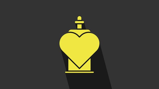 Yellow Bottle with love potion icon isolated on grey background. Valentines day symbol. 4K Video motion graphic animation