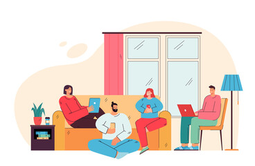 Happy friends sitting in living room with digital devices flat vector illustration. Cartoon users spending time together and using computers and smartphones. Internet surfing and network concept