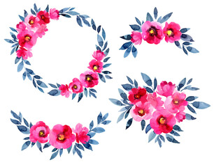 Pink flowers and indigo leaves bouquets and wreath. Hand drawn watercolor floral illustration . Isolated on white background
