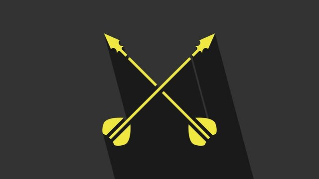 Yellow Medieval crossed arrows icon isolated on grey background. Medieval weapon. 4K Video motion graphic animation