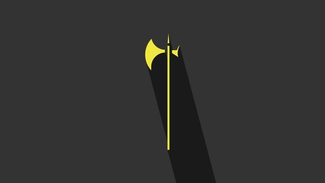 Yellow Medieval halberd icon isolated on grey background. Medieval weapon. 4K Video motion graphic animation