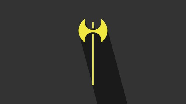 Yellow Medieval axe icon isolated on grey background. Battle axe, executioner axe. Medieval weapon. 4K Video motion graphic animation