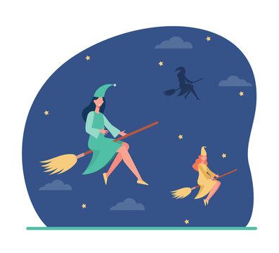 Witches flying on brooms at night. Women with broomsticks, starry sky. Flat vector illustration. Halloween party, fantasy concept for banner, website design or landing web page