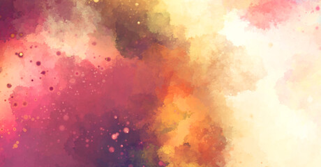 Watercolor painted background with blots and splatters. Brush stroked painting. 2D Illustration.