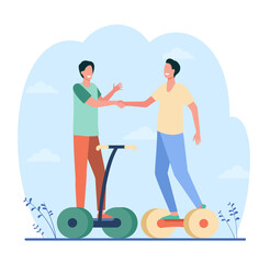 Happy male friends shaking hands. Guys riding hoverboards, meeting outside. Flat vector illustration. Urban electric transport, active lifestyle concept for banner, website design or landing web page