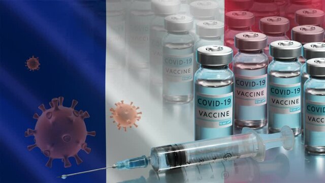 France to launch COVID-19 vaccination campaign. Coronavirus vaccine vials, Covid 19 cells and flag of France. Fighting the epidemic. Research and creation of a vaccine. Seamless loop video.