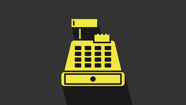 Yellow Cash register machine with a check icon isolated on grey background. Cashier sign. Cashbox symbol. 4K Video motion graphic animation
