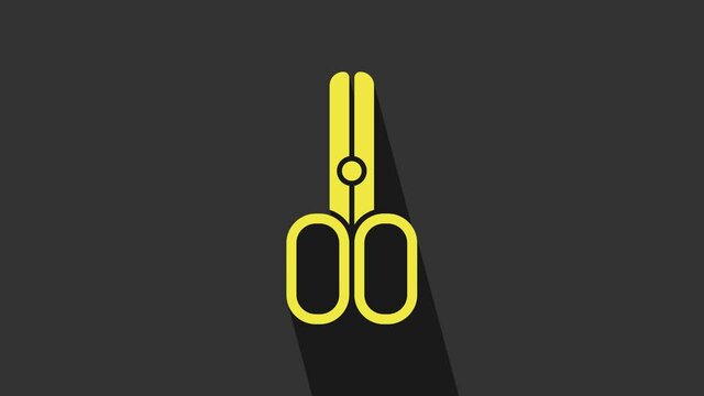 Yellow Scissors hairdresser icon isolated on grey background. Hairdresser, fashion salon and barber sign. Barbershop symbol. 4K Video motion graphic animation
