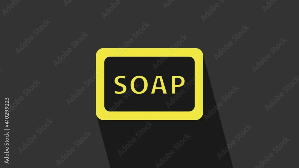 Poster yellow bar of soap with foam icon isolated on grey background. soap bar with bubbles. 4k video motio
